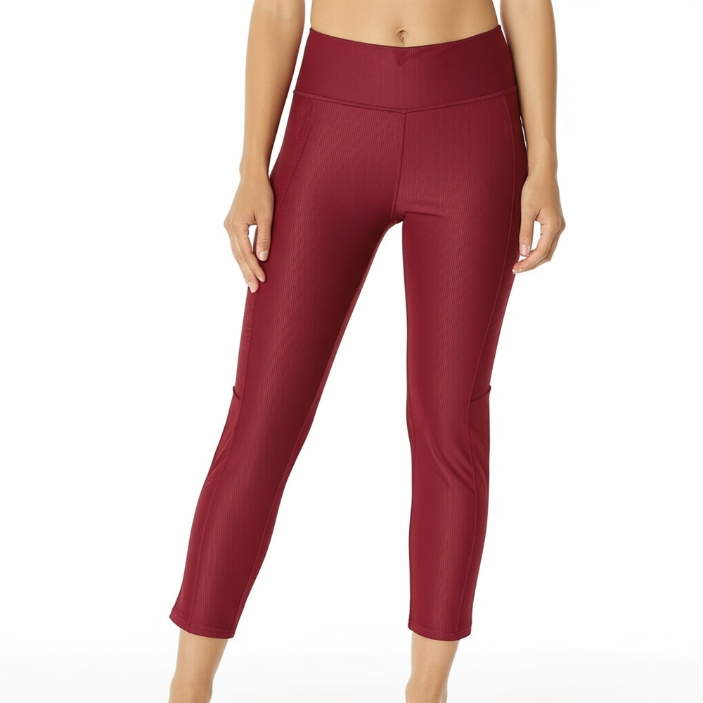 Fabletics High Waisted Womens L Maroon Athletic Side Pockets Leggings Yoga